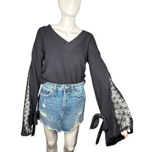 FCUK French Connection Navy Blue Lace Panel Bell Sleeve Oversized Sweater XS